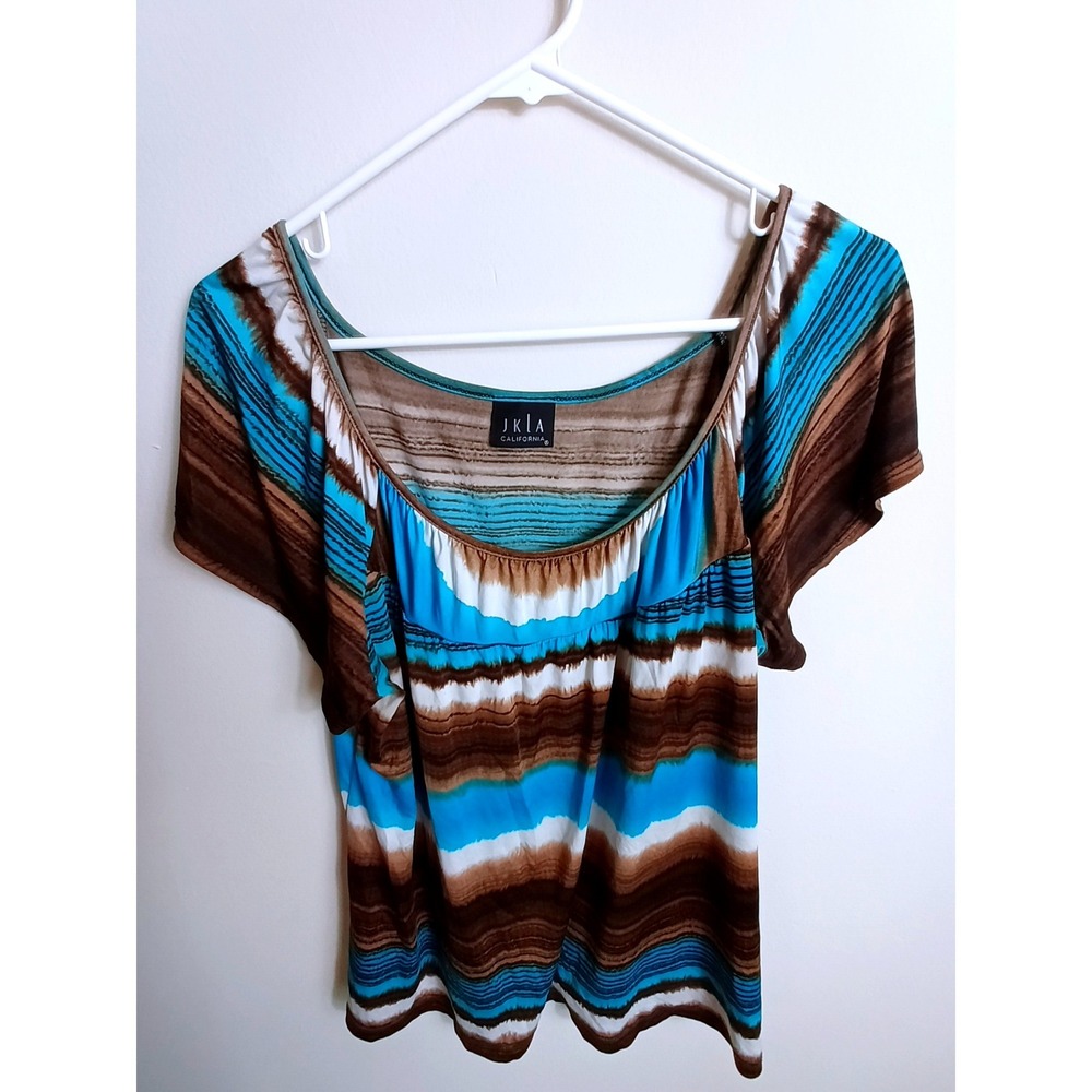 JKLA California Blouse Womens M Blue Brown Excellent Boho Striped Flutter Sleeve